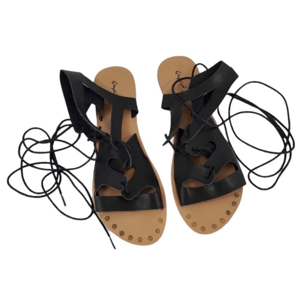 Qupid Black Leather Lace-Up Gladiator Sandals Size 6 - Picture 3 of 11